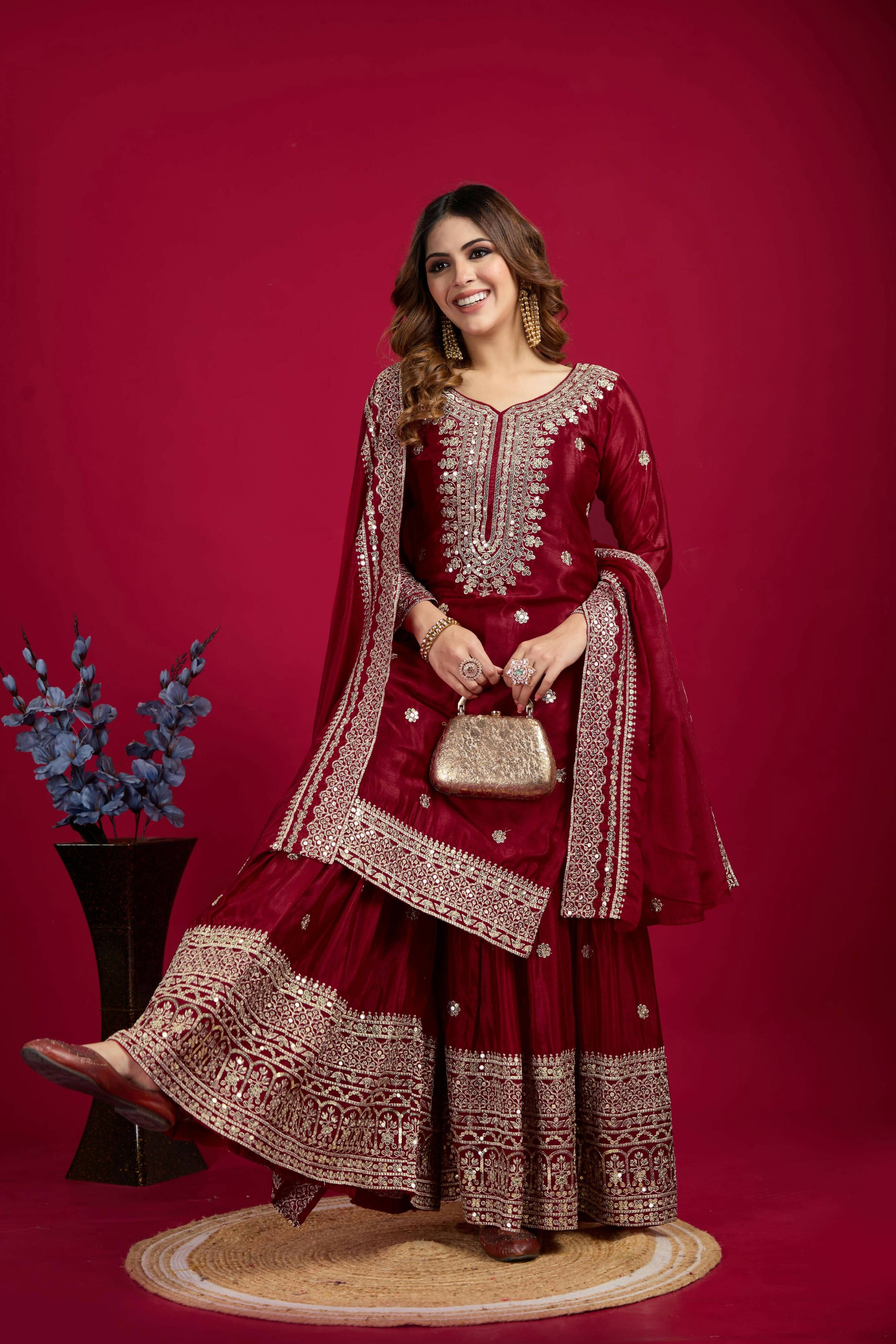 Joban Fashion Maroon Kurta Set Silk Sequins , Zari, Coding & Thread Embroidered work