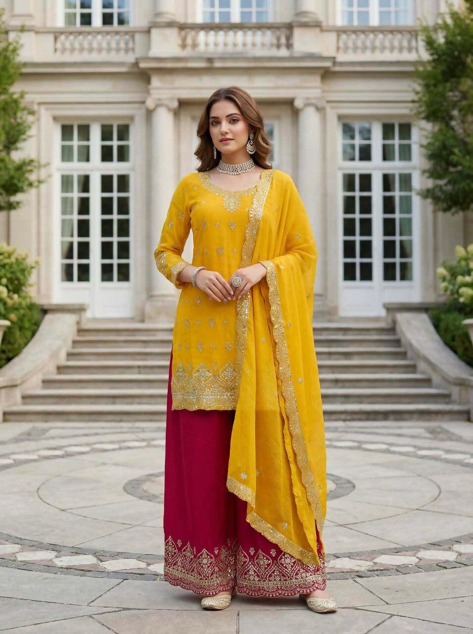 Teeya Creation Yellow Chinon Silk Embroidery Work Party Wear Palazzo Pair