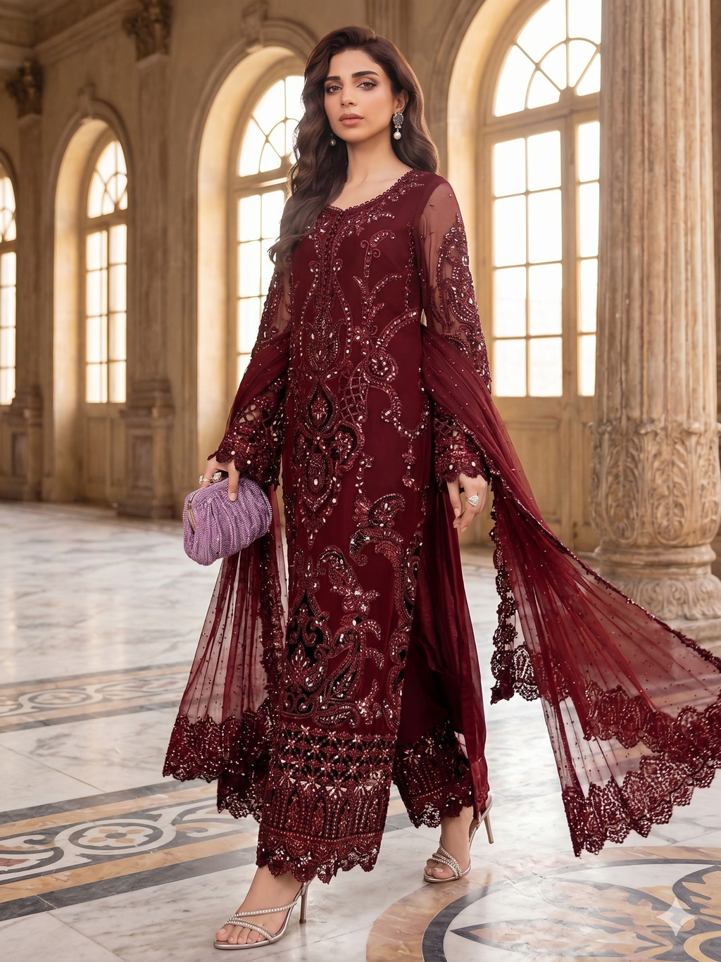 Teeya Creation Womens New Georgette Silk With Heavy Embroiedery With Sequence Work Maroon Kurta Set