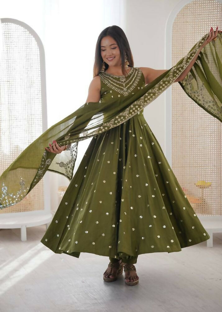 Teeya Creation Green Color Roman Silk Embroidery Work Party Wear Gown