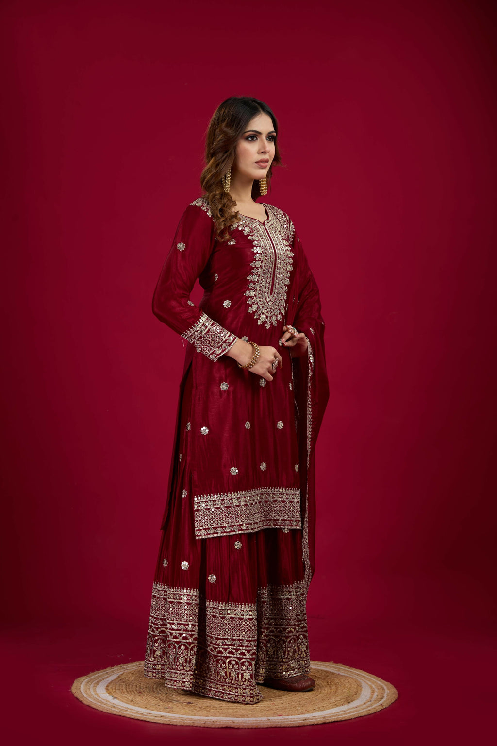 Joban Fashion Maroon Kurta Set Silk Sequins , Zari, Coding & Thread Embroidered work