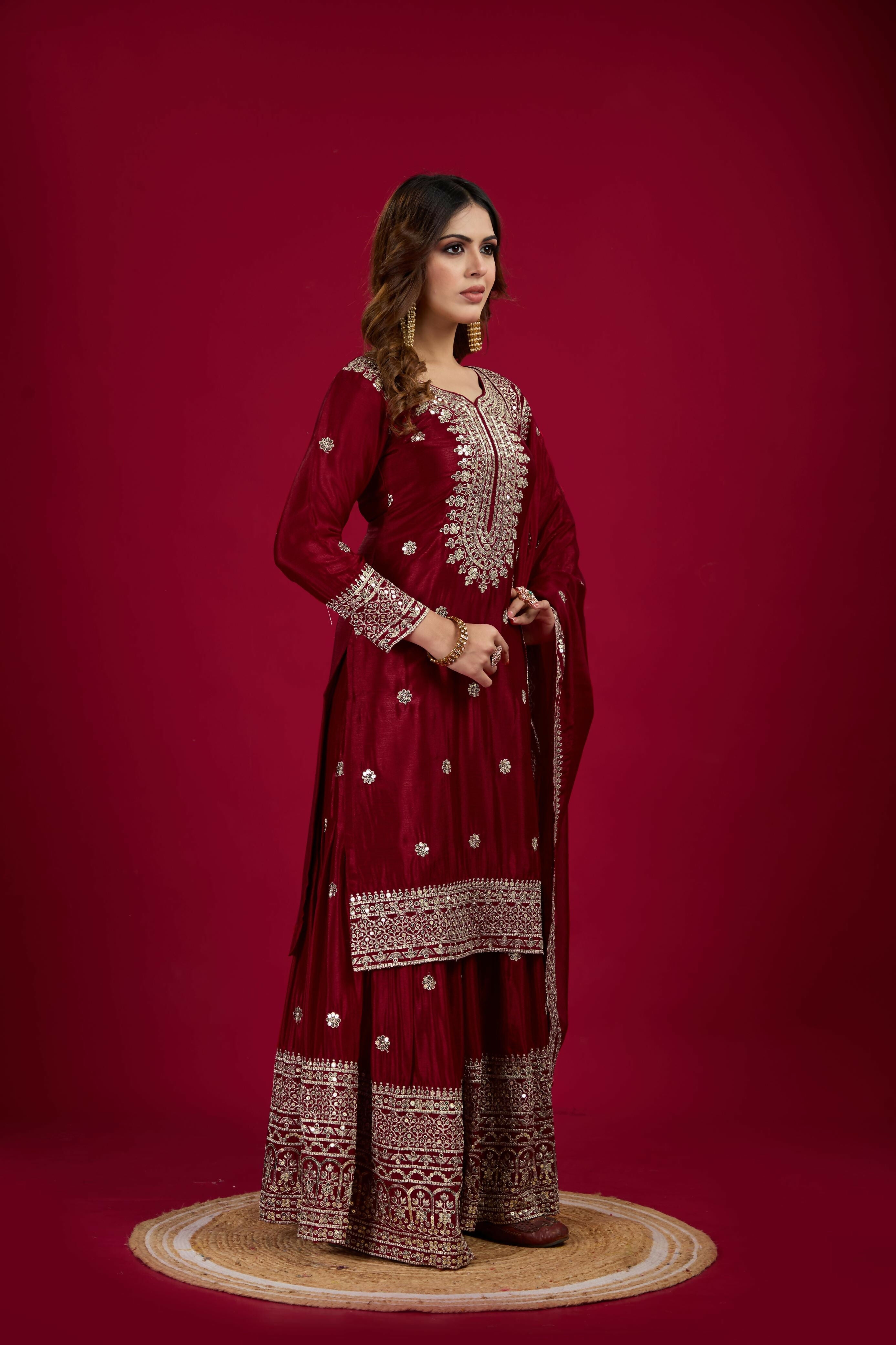 Joban Fashion Maroon Kurta Set Silk Sequins , Zari, Coding & Thread Embroidered work
