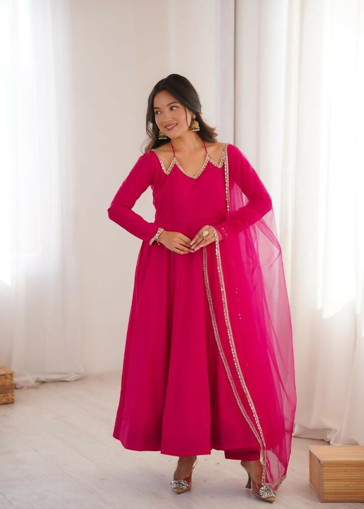 Lehenga Mart Designer Anarkali Suit With Kurta, Pant, Dupatta For Women-Dark Pink