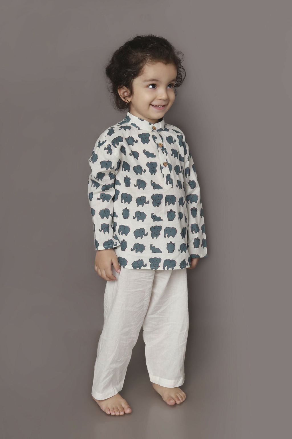 Breathables Kids Cotton Night Suit – White Elephant Print Kurta & Pyjama Co-Ord Set For Boys & Girls