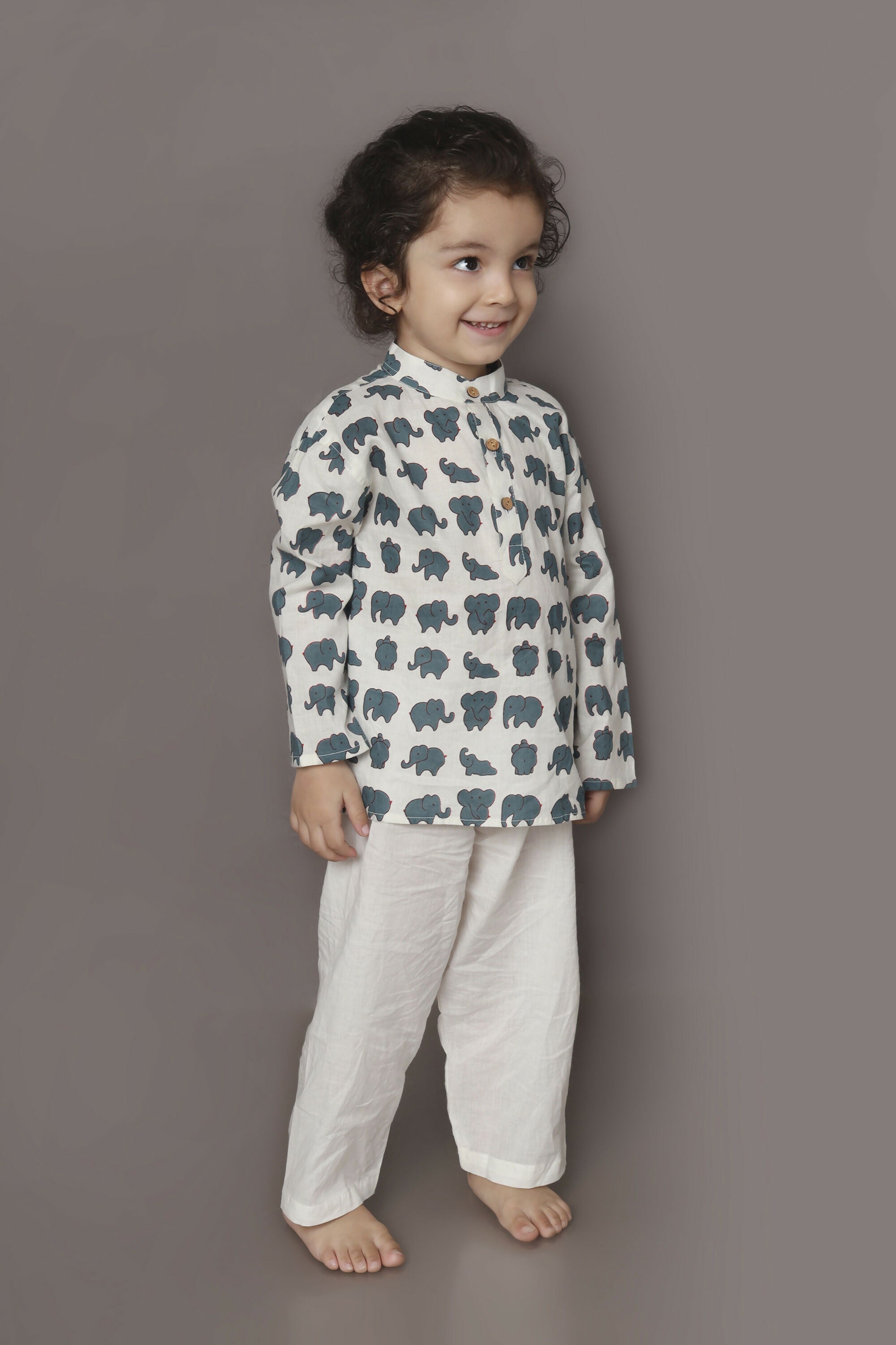 Breathables Kids Cotton Night Suit – White Elephant Print Kurta & Pyjama Co-Ord Set For Boys & Girls
