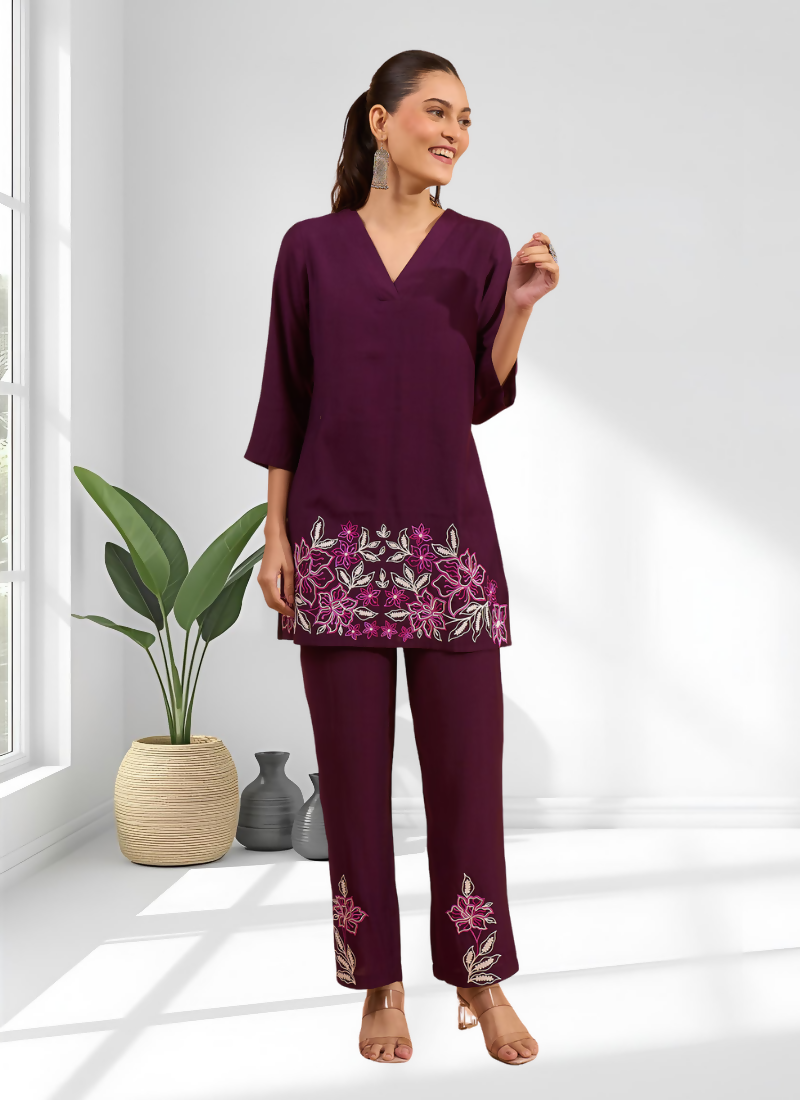Joban Fashion Wine Silk Embroidered Readymade Cord Set