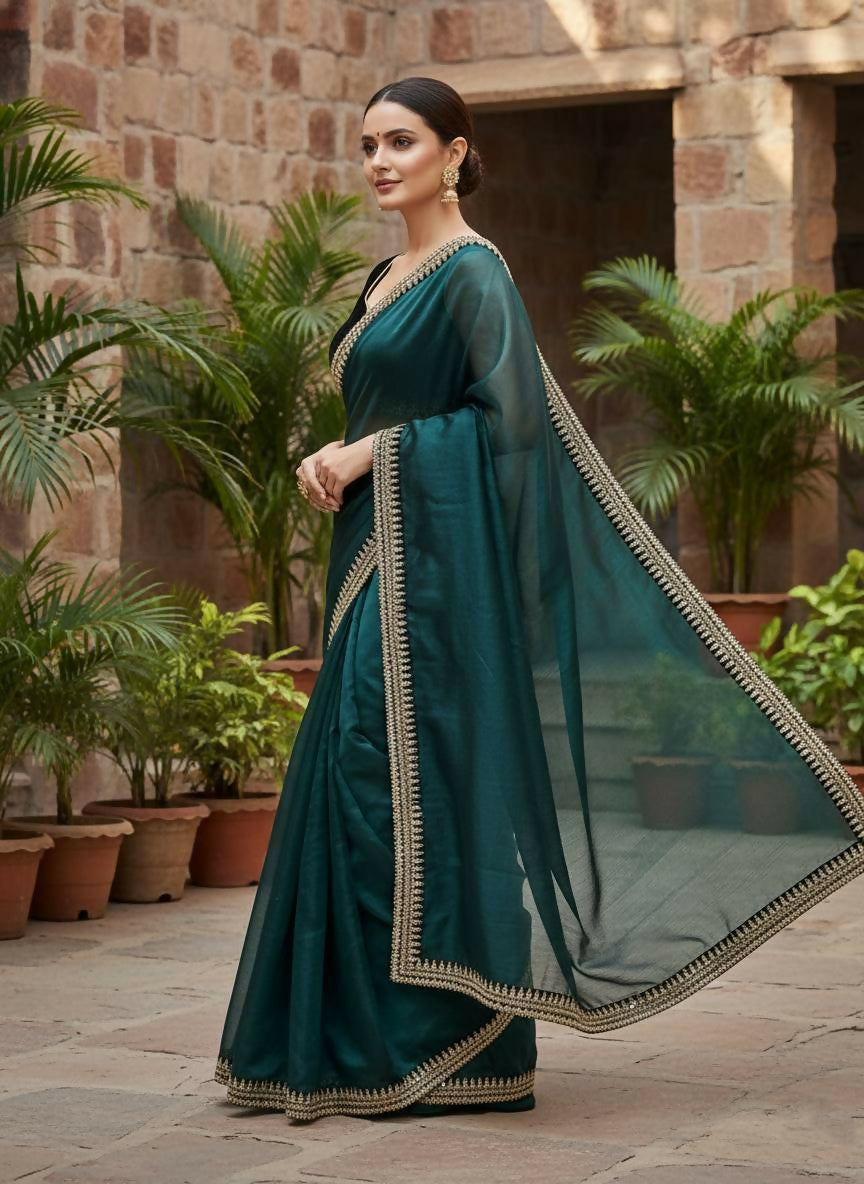 Joban Fashion Petrol Soft twill Net Party Wear Sarees