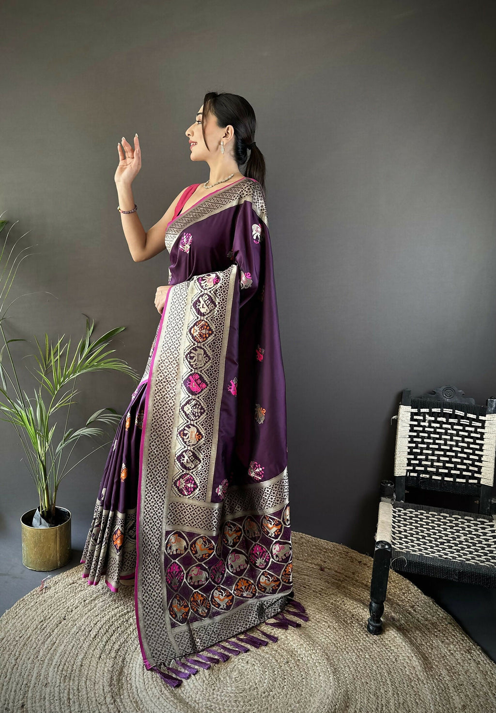 Joban Fashion Wine Elephant & Floral Motifs Soft Lichi Silk Banarasi Saree