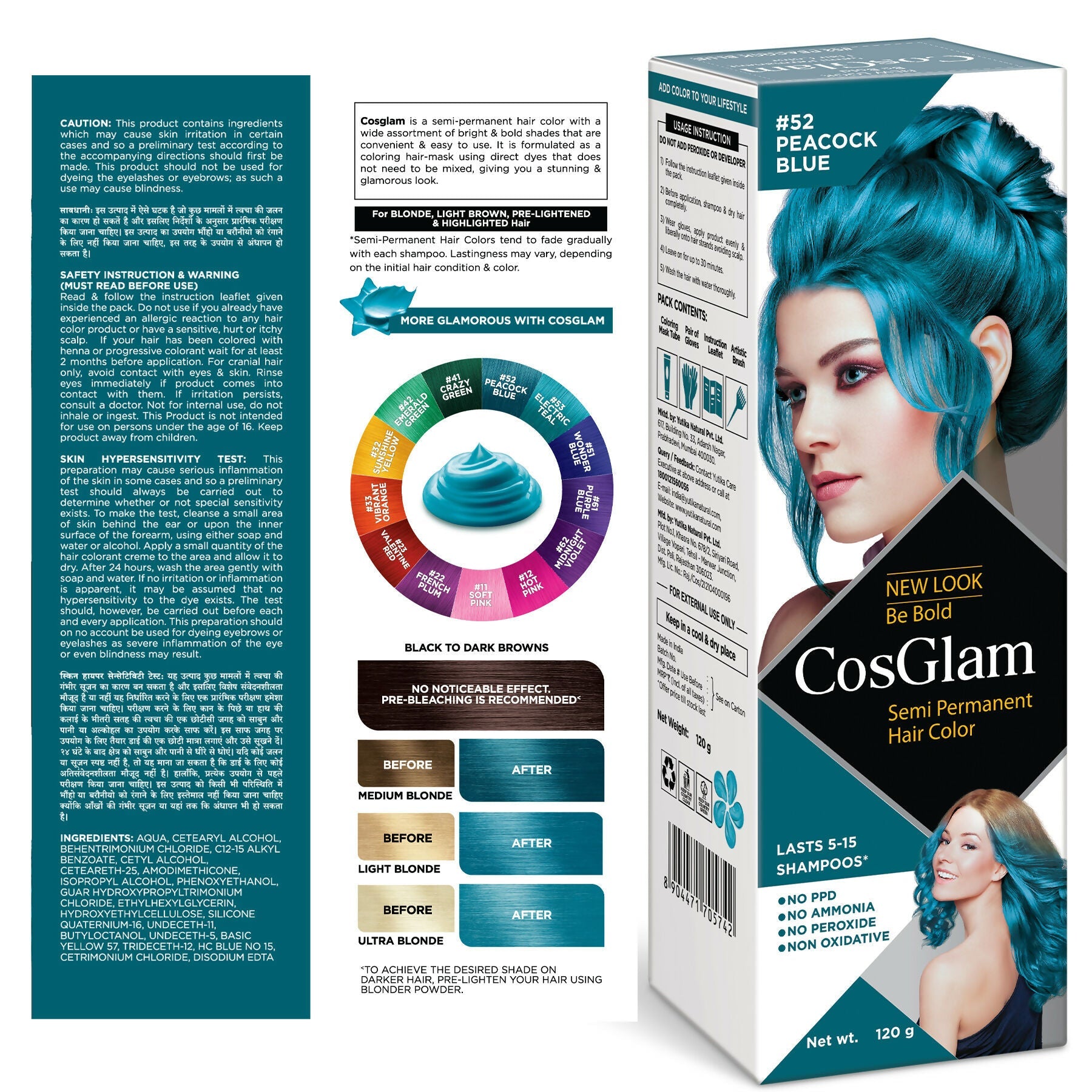 Cosglam Semi Permanent Hair Color for Women & Men (#52 Peacock Blue)