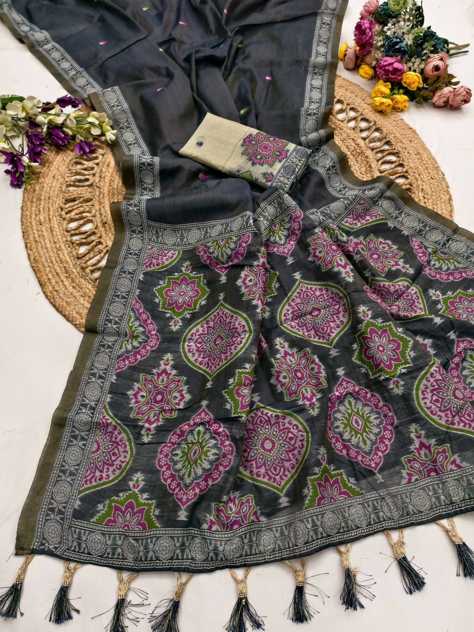 Vastranavya Black Muga Cotton Meenakari & Azarakh Pallu Saree with Contrast Blouse