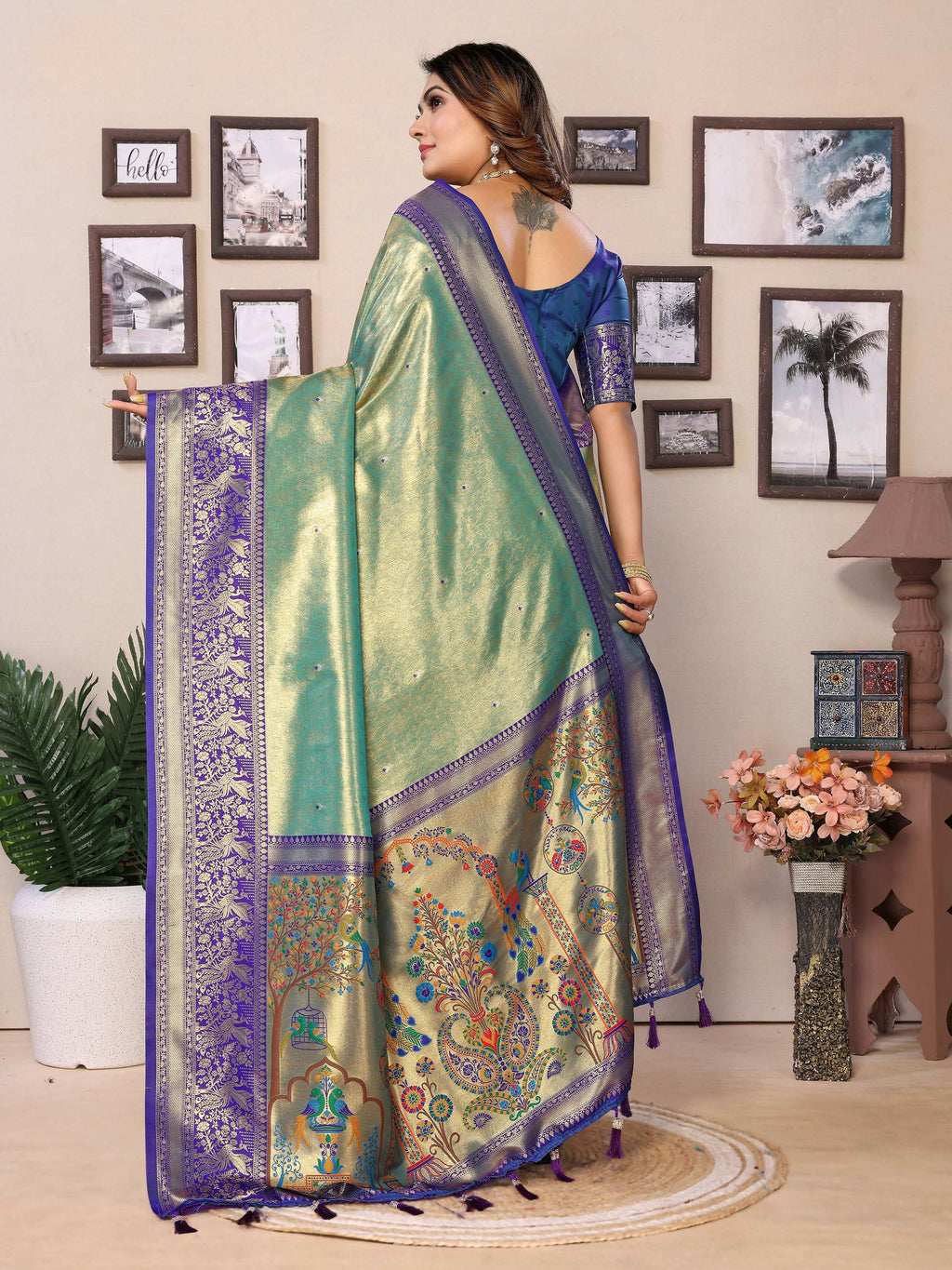 Aastha Fashion Green Tissue Silk Weaving Saree