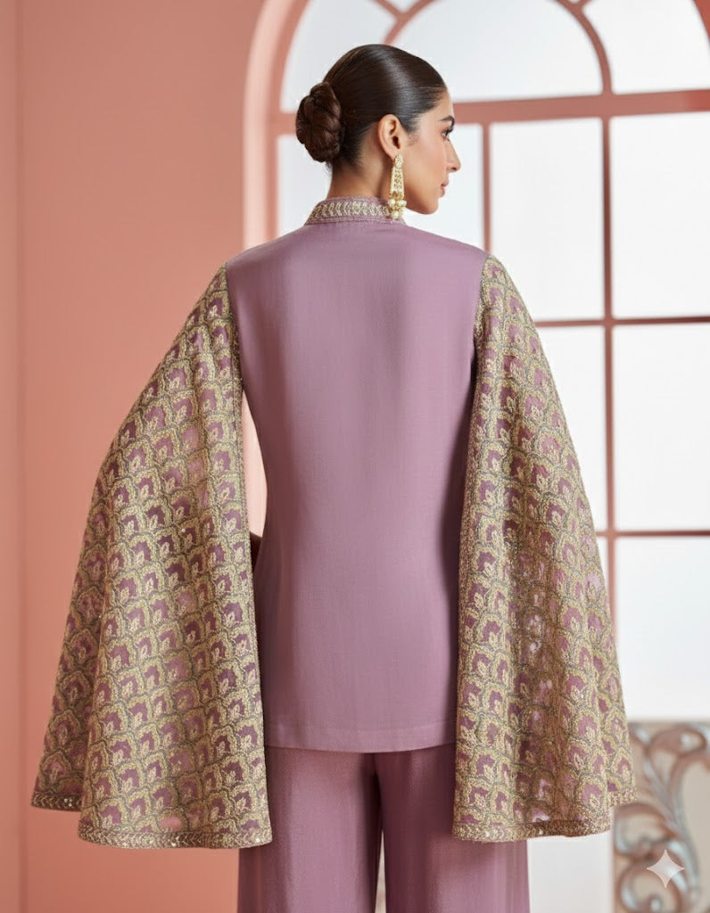 Evanik Women Mauve & Gold Printed Cape Style Kurta With Flared Palazzo Pants