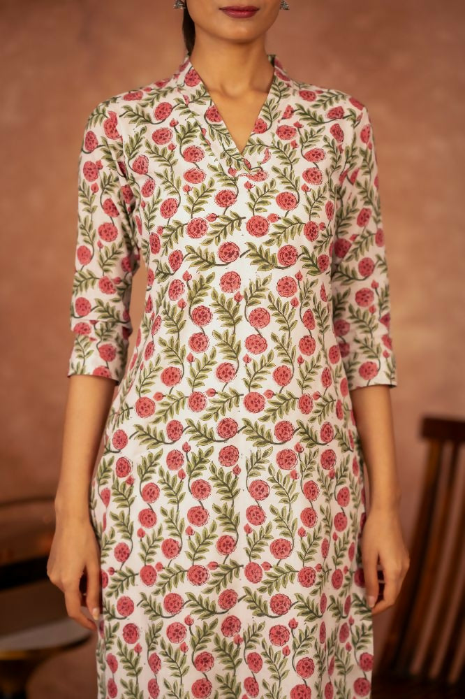 Joban Fashion Red Green Hand Block Printed Cotton Suit Set