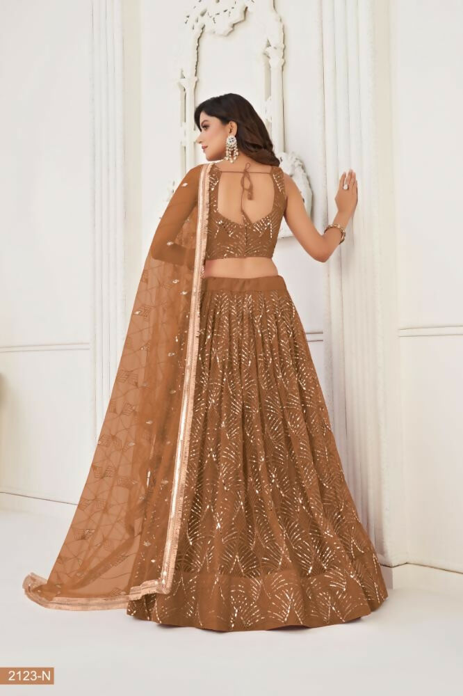 Aastha Fashion Brown Butterfly Net Tone To Tone Thread Work, Sequence Work And Original Mirror Work Embroidery Wedding Wear Lehenga Choli