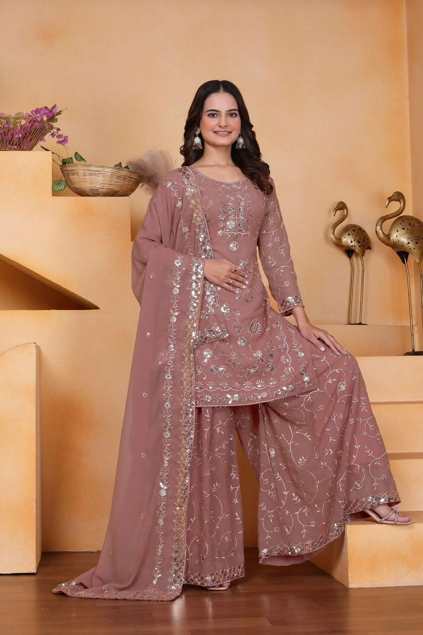 Teeya Creation Onion Color Faux Georgette Embroidery Work Wedding Wear Palazzo Set