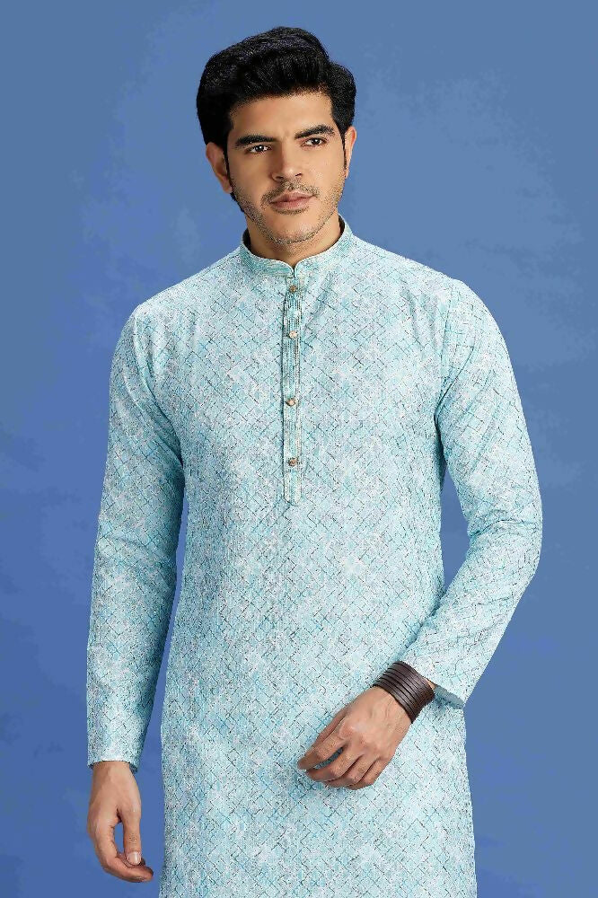 Raivat Ethnic Cotton Embroidery Kurta Pajama In Sky Blue Colour