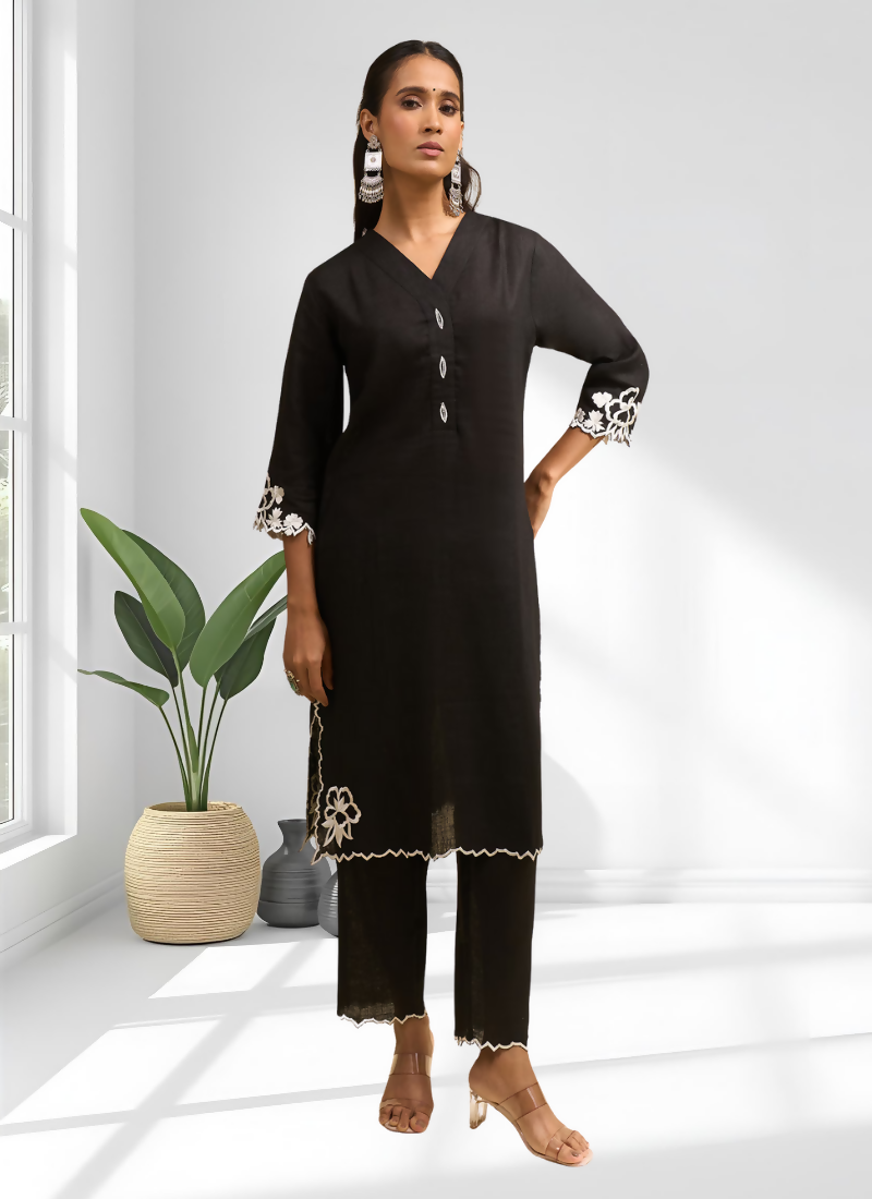 Joban Fashion Black Linen Embroidered Readymade Long Kurta With Pant
