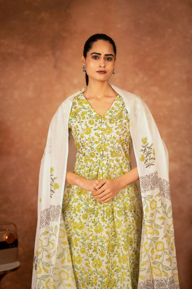 Joban Fashion Yellow Hand Block Printed Cotton Suit Set