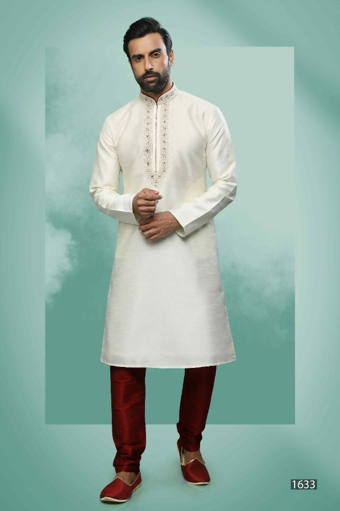 Raivat Ethnic Art Silk Mirror Embroidery Work Kurta Pajama In Cream Colour