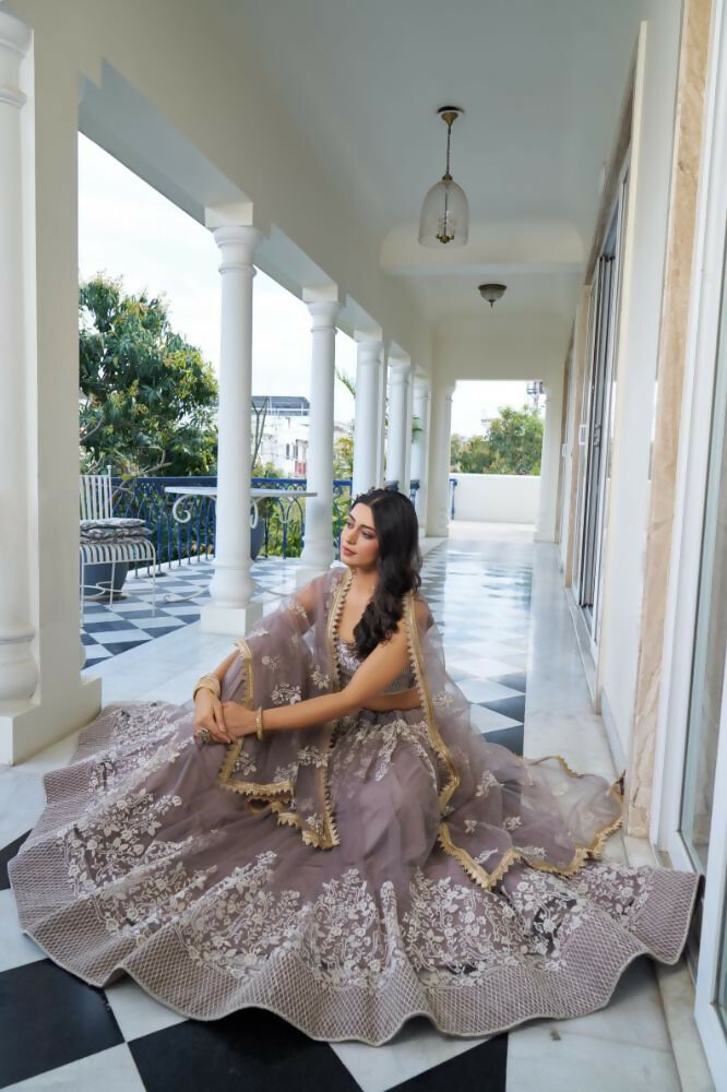 Aastha Fashion Light Dusty Brown Butterfly Net White Cotton Thread Work And Sequence Work Embroidery Wedding Wear Lehenga Choli