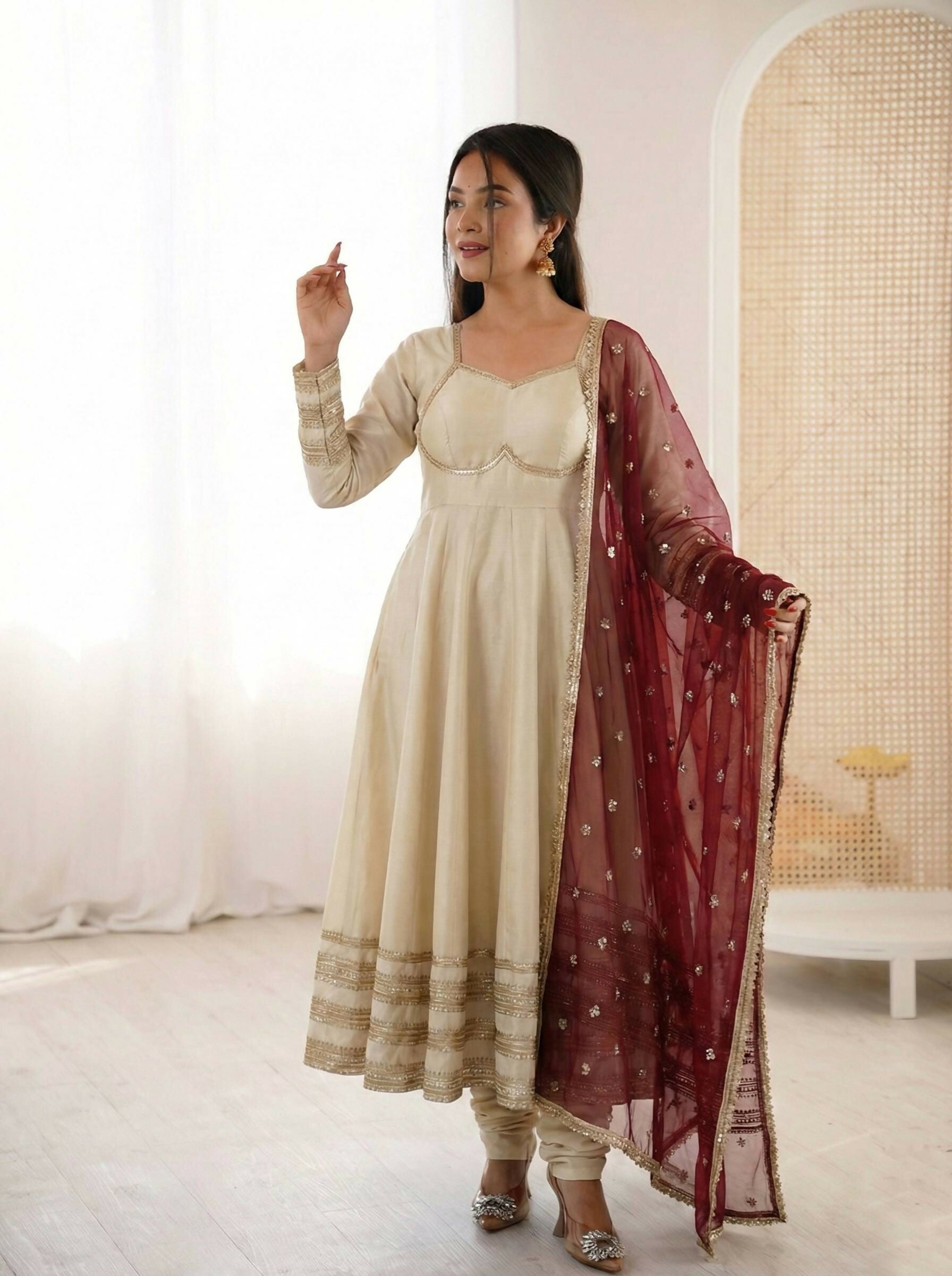 Teeya Creation Cream Cosmos Gold Lace Work Party Wear Gown