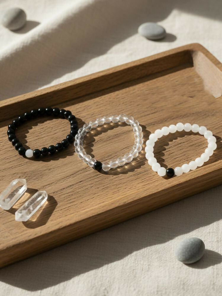 NVR Set of 3 Black & White crystal beaded Bracelet for Men & Women