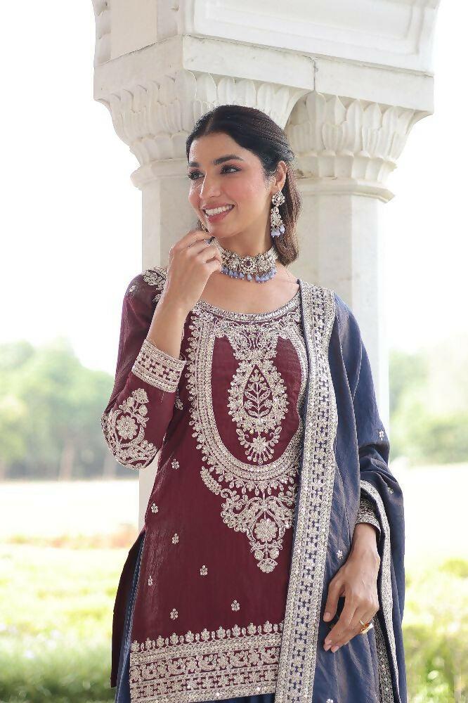 Joban Fashion Maroon Kurta Set Silk Sequins , Zari, Coding & Thread Embroidered work