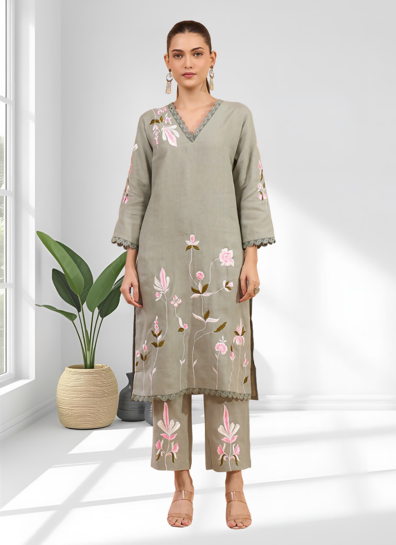 Joban Fashion Pista Green Linen Embroidered Readymade Long Kurta With Pant