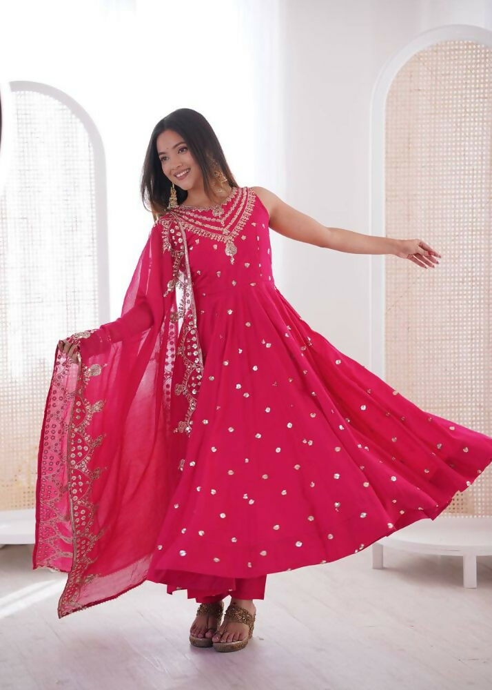Teeya Creation Pink Color Roman Silk Embroidery Work Party Wear Gown
