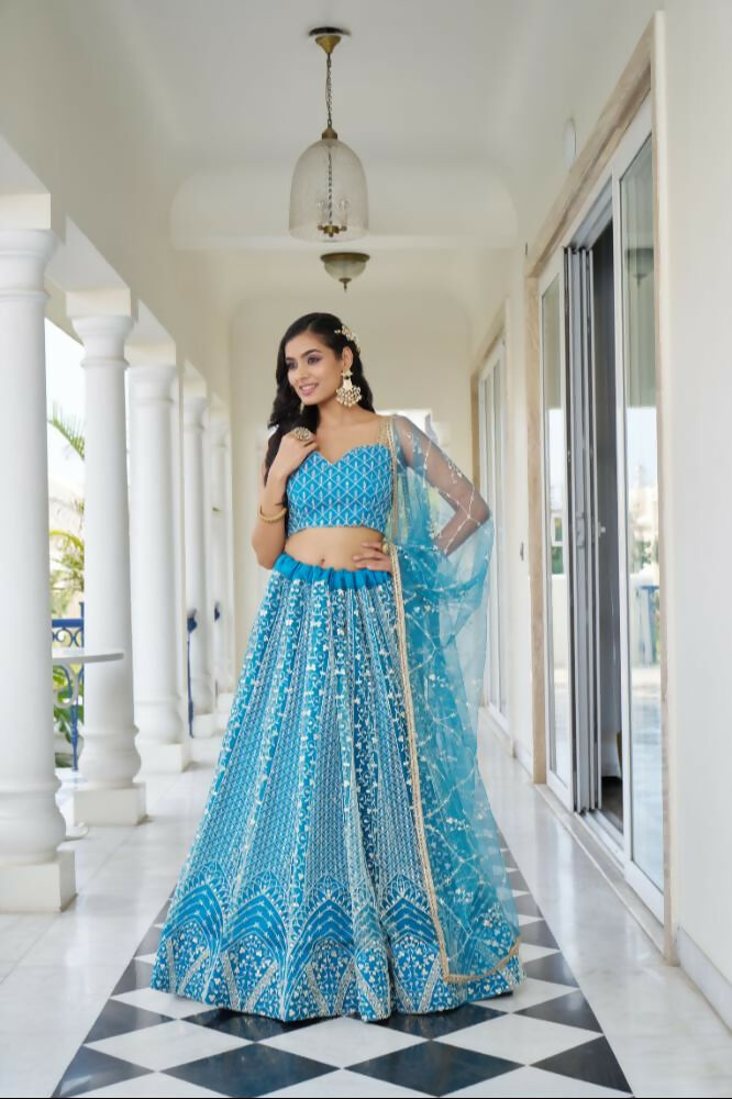 Aastha Fashion Sky Blue Butterfly Net White Cotton Thread Work And Sequence Work Embroidery Wedding Wear Lehenga Choli