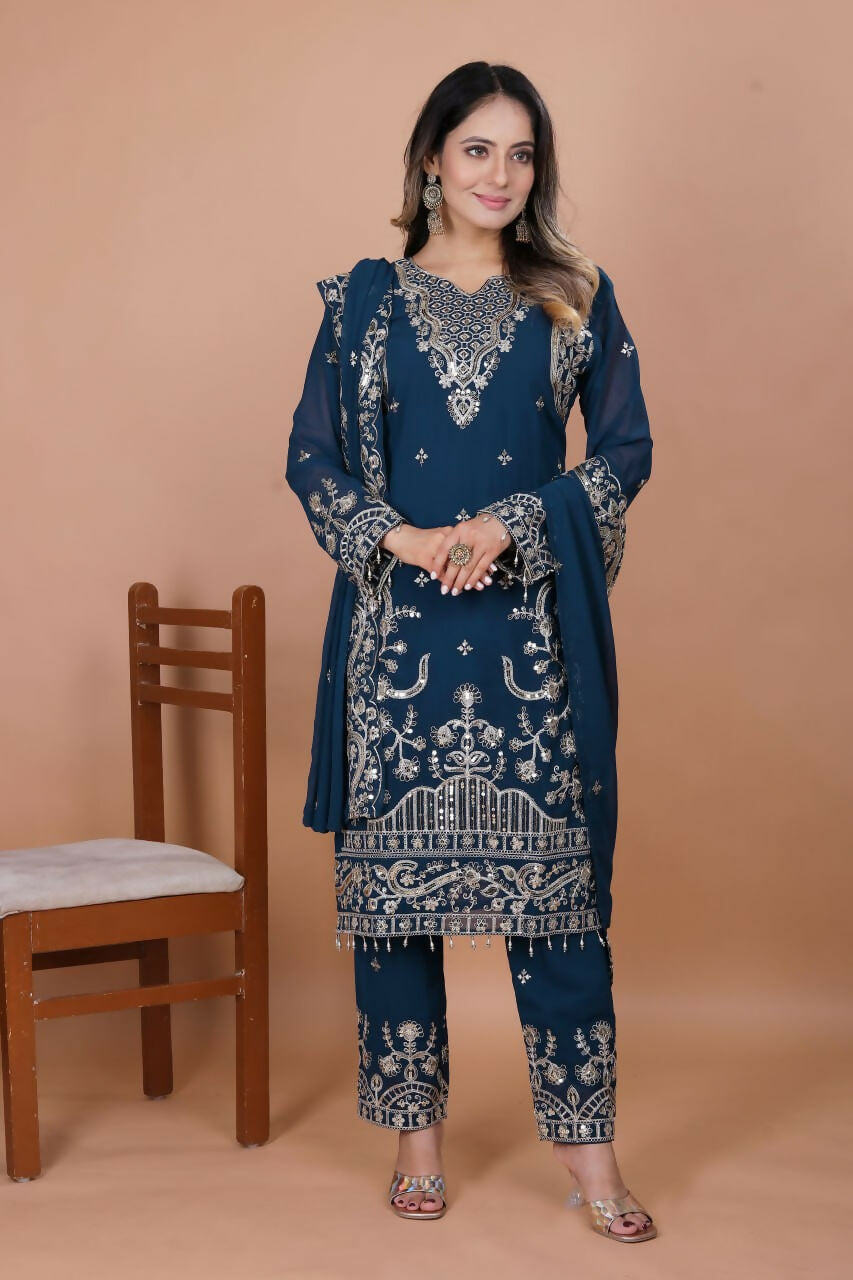 Joban Fashion Blue Georgette Embroidered Kurti Set