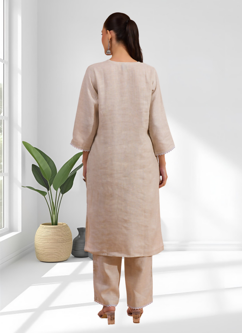 Joban Fashion Beige Linen Embroidered Readymade Long Kurta With Pant