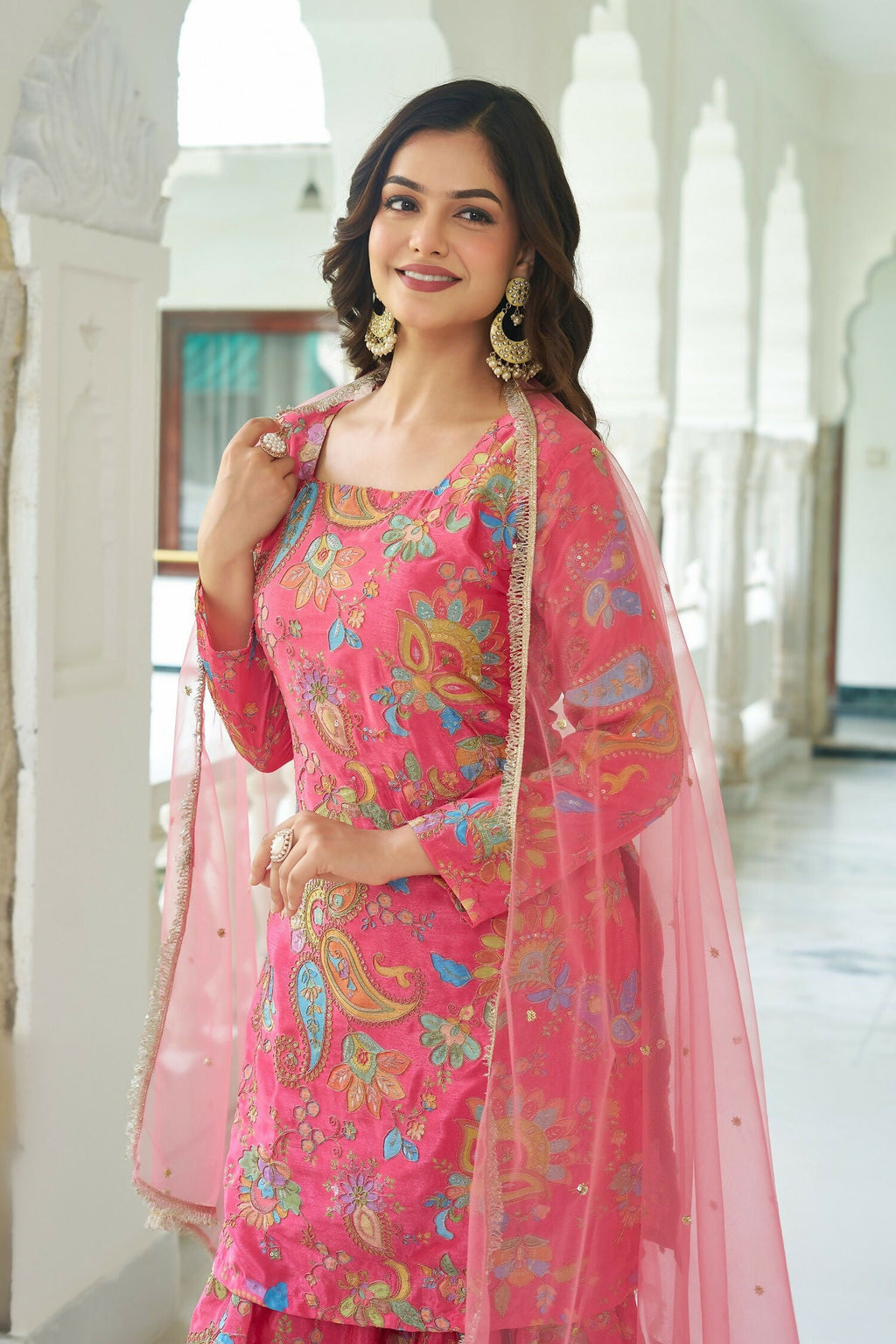 Joban Fashion Pink Kurta Set Chinnon Embroidery Sequence Work