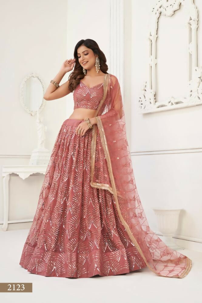 Aastha Fashion Dusty Onion Pink Butterfly Net Tone To Tone Thread Work, Sequence Work And Original Mirror Work Embroidery Wedding Wear Lehenga Choli