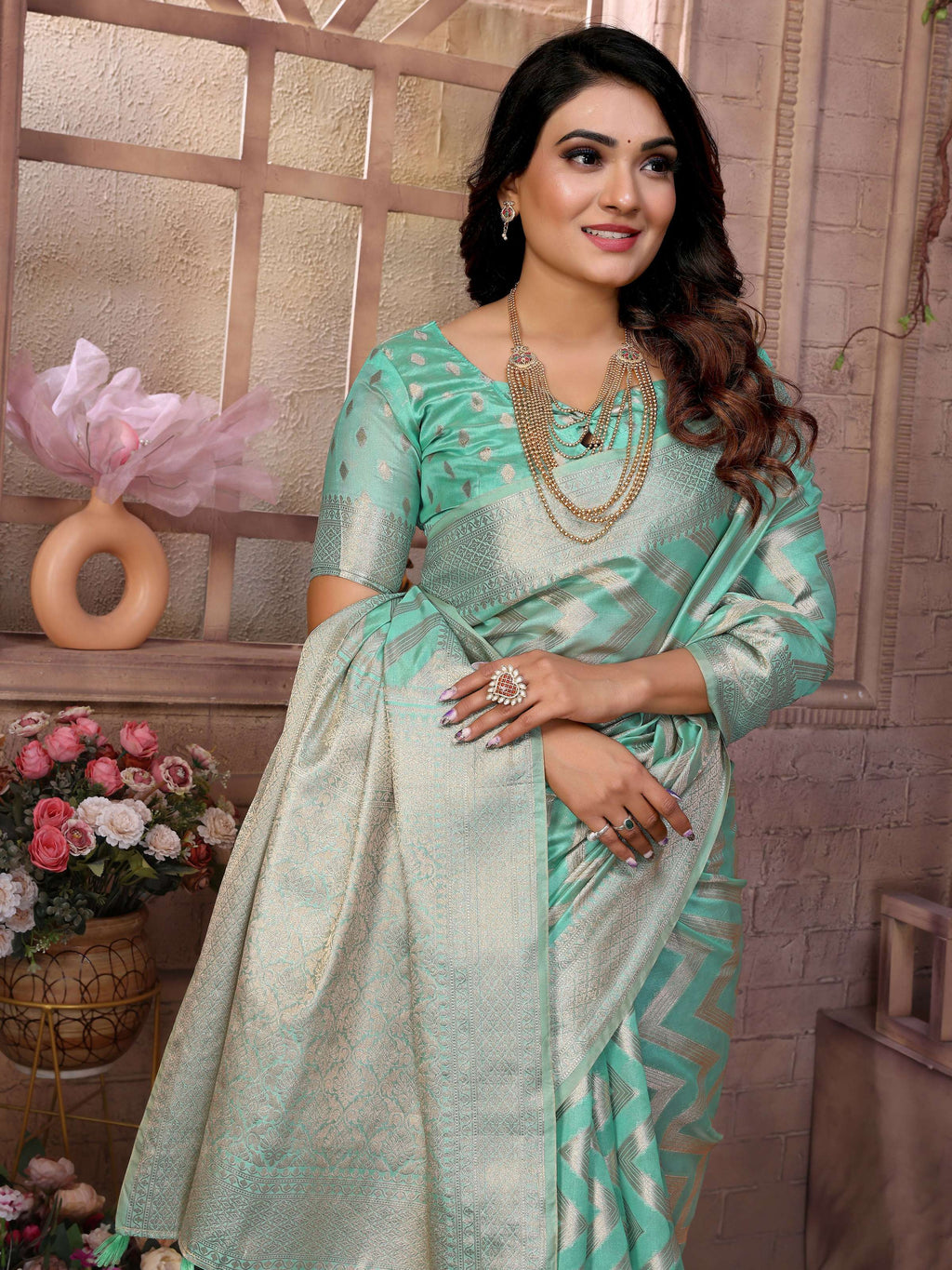 Aastha Fashion Sea Green Soft Organza Silk Weaving Saree