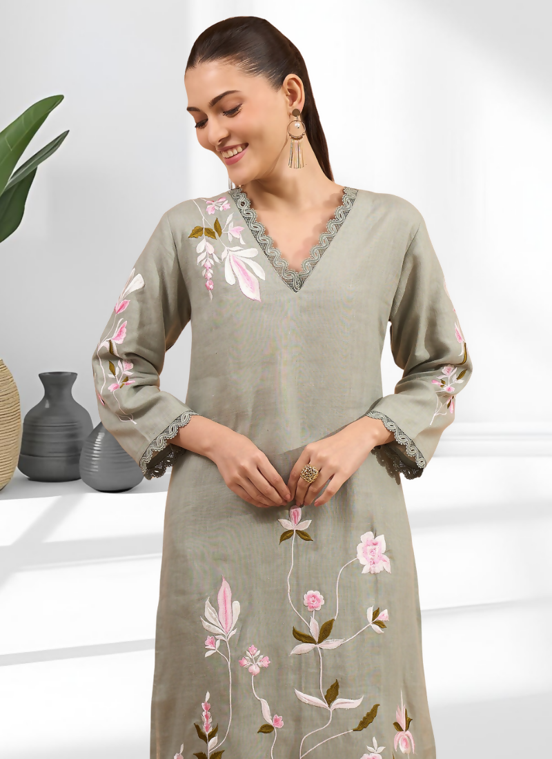 Joban Fashion Pista Green Linen Embroidered Readymade Long Kurta With Pant