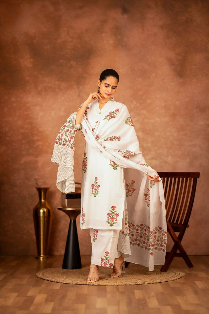 Joban Fashion Off White Pink Hand Block Printed Cotton Suit Set