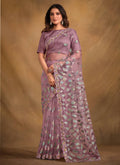 Light Purple Velvet Texture Net Designer Saree with Unstitched Blouse - Norita Mahitha