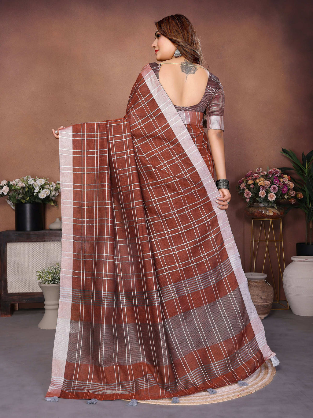 Aastha Fashion Brown Linen Weaving Saree