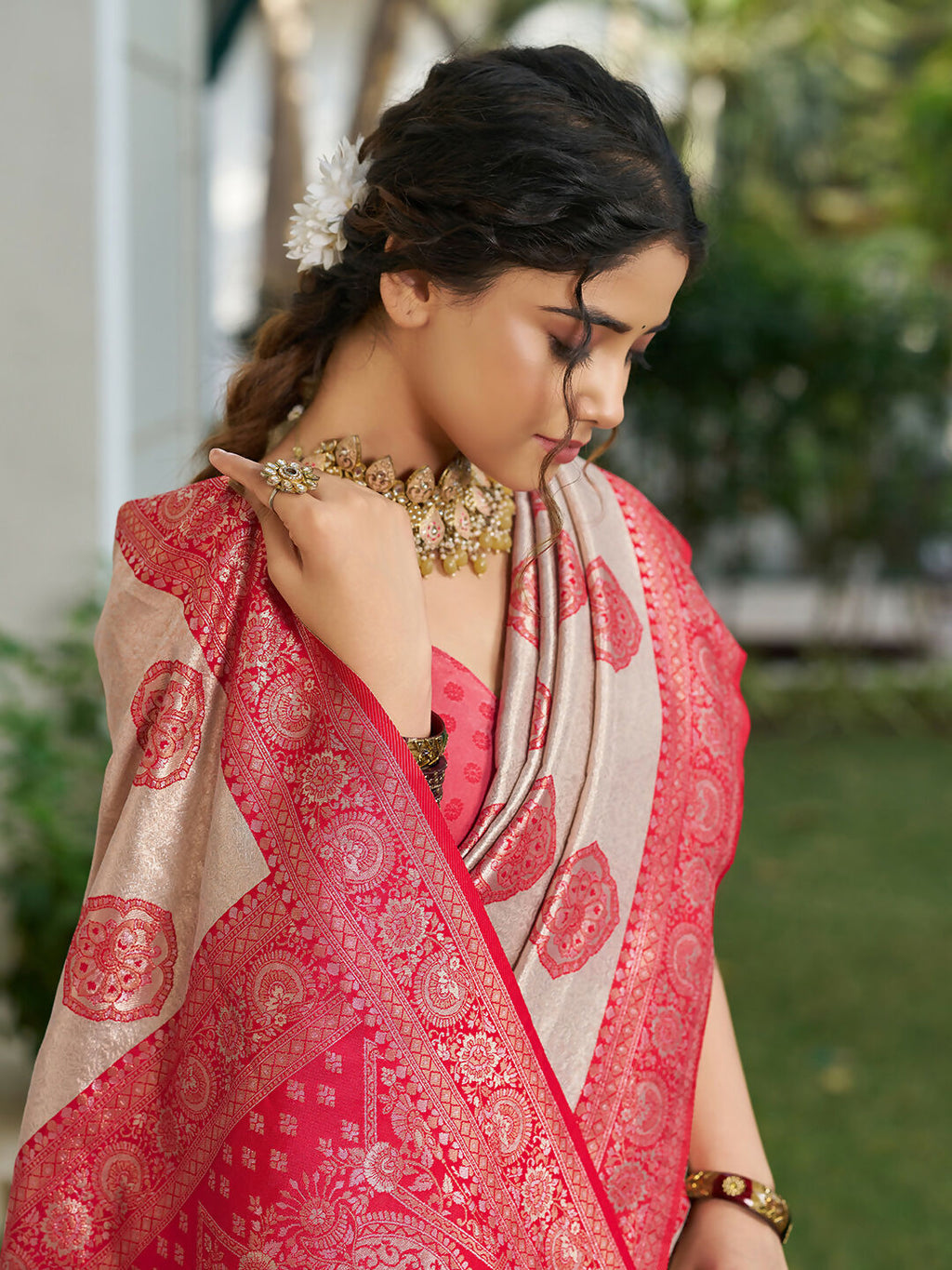 Shree Shyam Fashion Cream With Red Silk Blend Saree