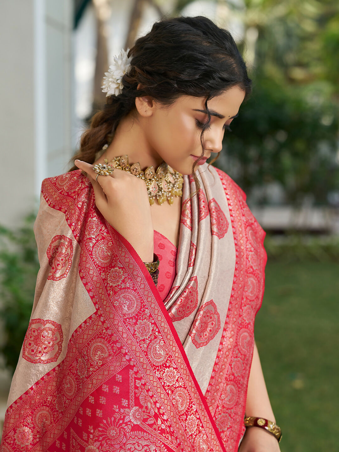 Shree Shyam Fashion Cream With Red Silk Blend Saree