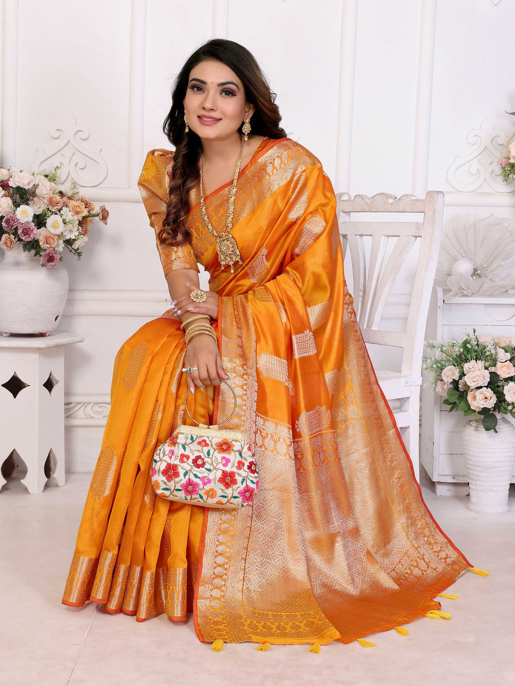 Aastha Fashion Yellow Soft Organza Silk Weaving Saree