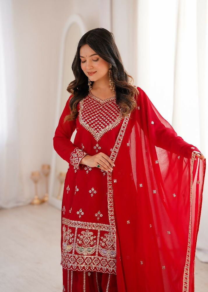 Teeya Creation Red Color Faux Georgette Heavy Embroidery Work Functional Wear Palazzo Set