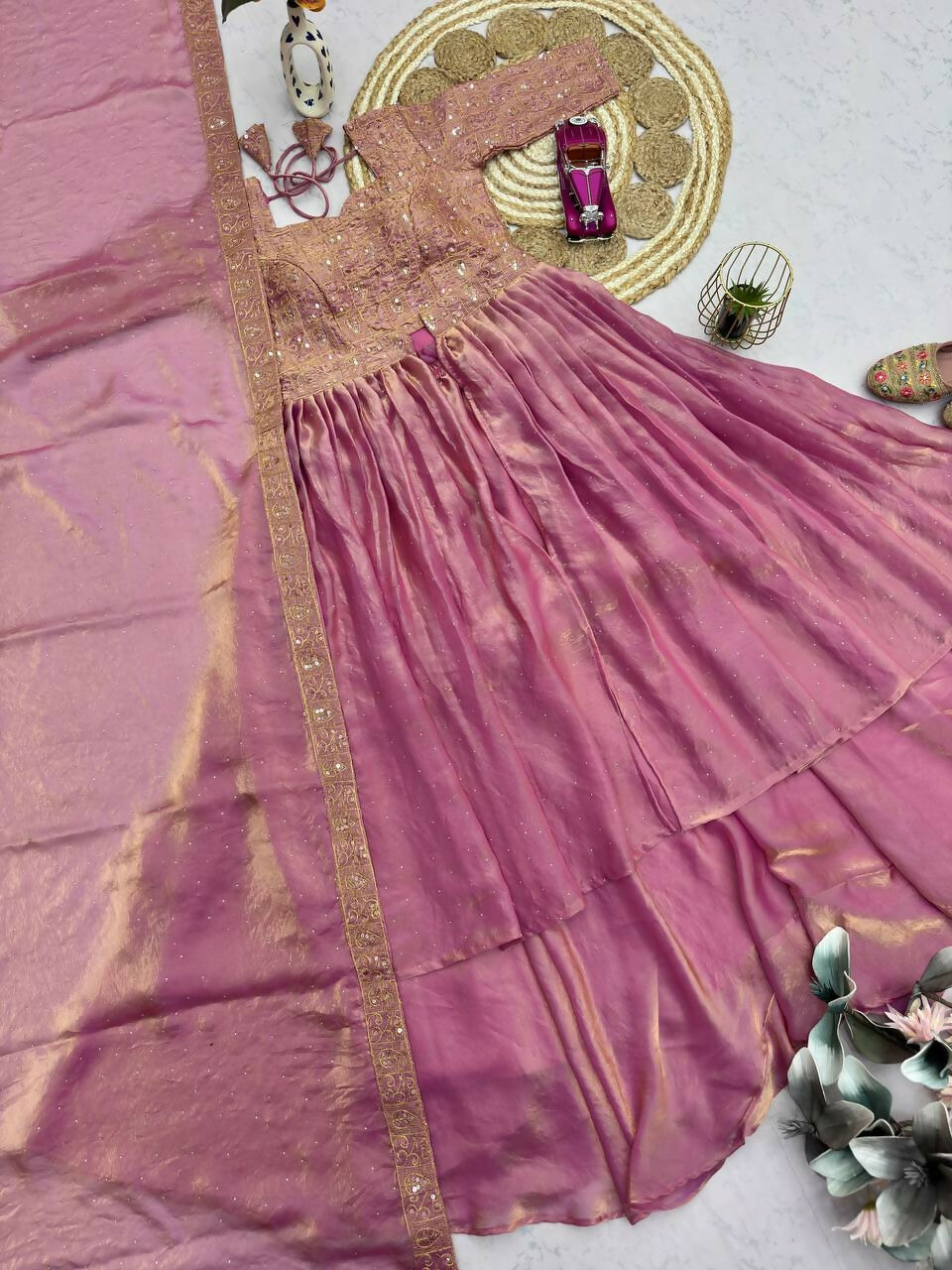 Teeya Creation Pink Color Fendy Satin Heavy Embroidery Work Wedding Wear Stitched Lehenga Choli