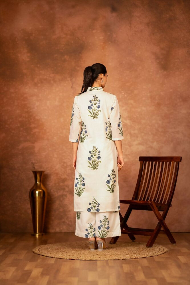 Joban Fashion Off White Blue Hand Block Printed Cotton Suit Set