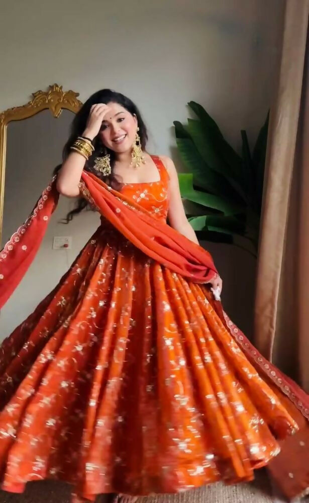 Teeya Creation Orange Color Fendy Silk Heavy Embroidery Work Wedding Wear Long Gown