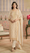 Anaita Beige Viscose Lotus Shimmer Stitched Suit with Jacquard Work