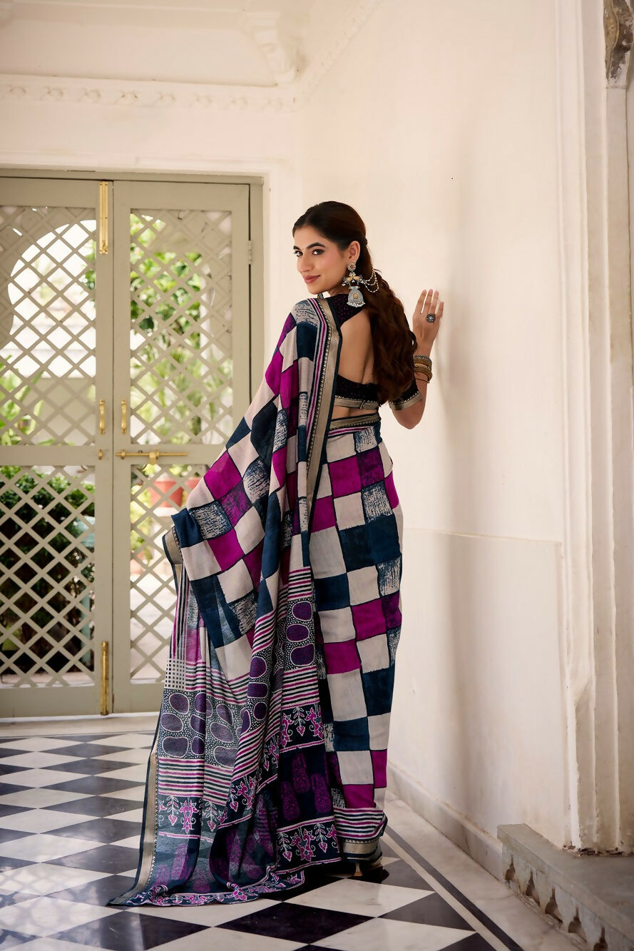 Vastranavya Navy Blue Viscose Chanderi Printed with Temple Border Saree & Unstitched Blouse