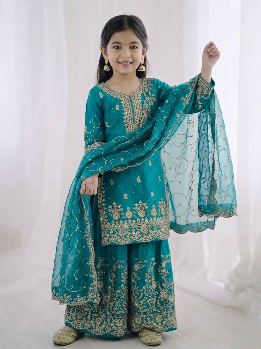 Teeya Creation Girls Heavy Embroidery Turquoise Ethnic Kurta And Palazzo Set With Net Dupatta
