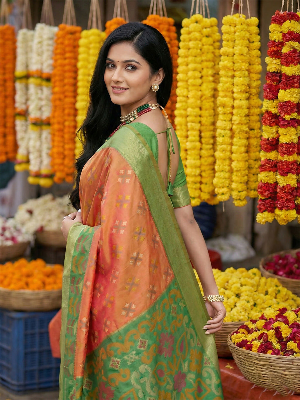 Shree Shyam Fashion Orange Pochampally Silk Saree